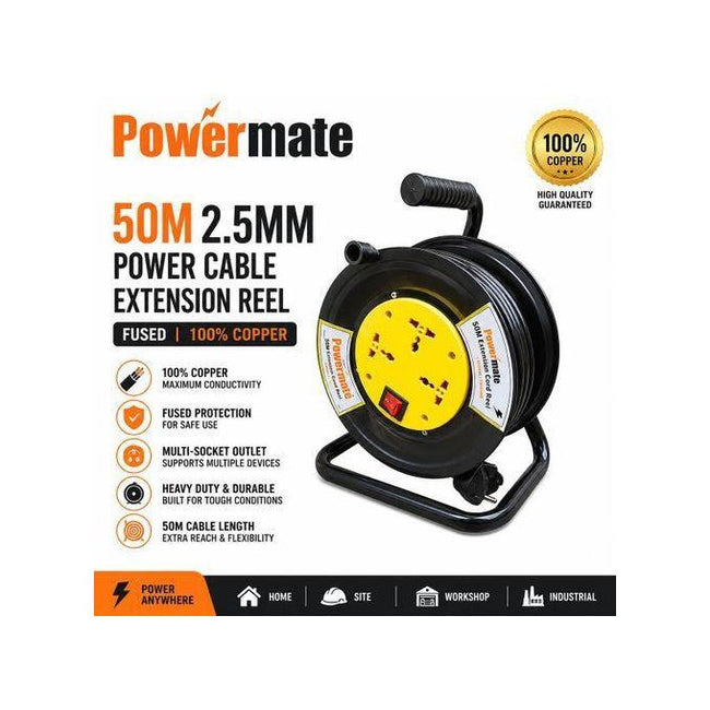 Powermate 50M 2.5mm² Heavy-Duty Extension Cable Reel – 100% Copper, Fused