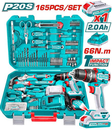TOTAL THKTHP11652 165-Piece Tools Set – 20V Cordless Impact Drill Kit