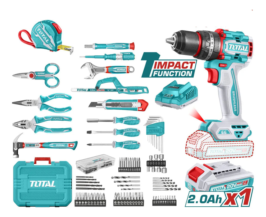 TOTAL THKTHP11652 165-Piece Tools Set – 20V Cordless Impact Drill Kit