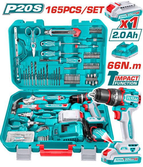 TOTAL THKTHP11652 165-Piece Tools Set – 20V Cordless Impact Drill Kit