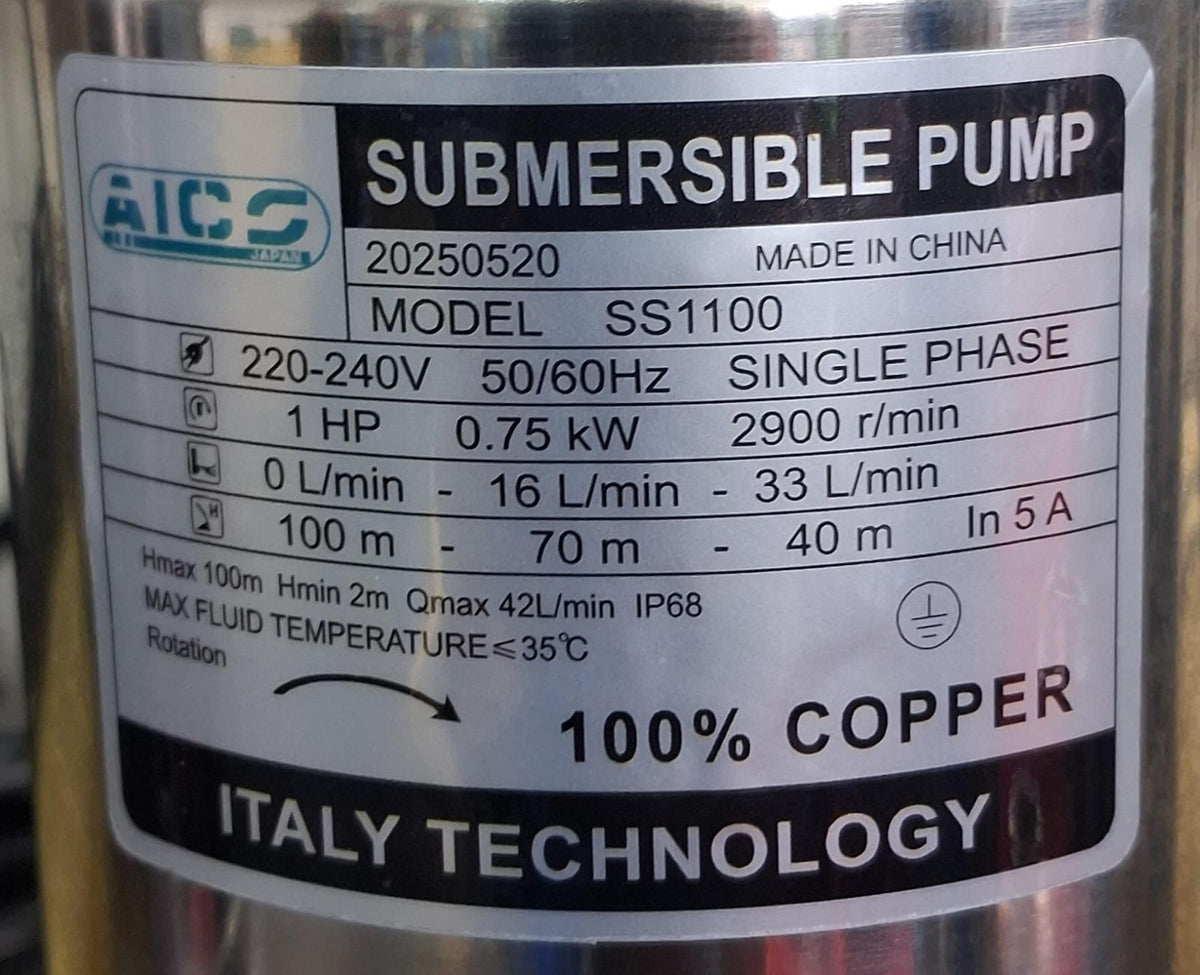 Aico Japan SS1100 1HP Deep Well Submersible Pump – 100m Head, 1-Inch Outlet