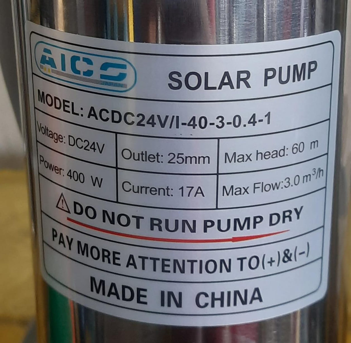 Aico Japan ACDC24V/I-40-3-0.4-1 Solar Submersible Pump – 24V, 400W, 60m Head
