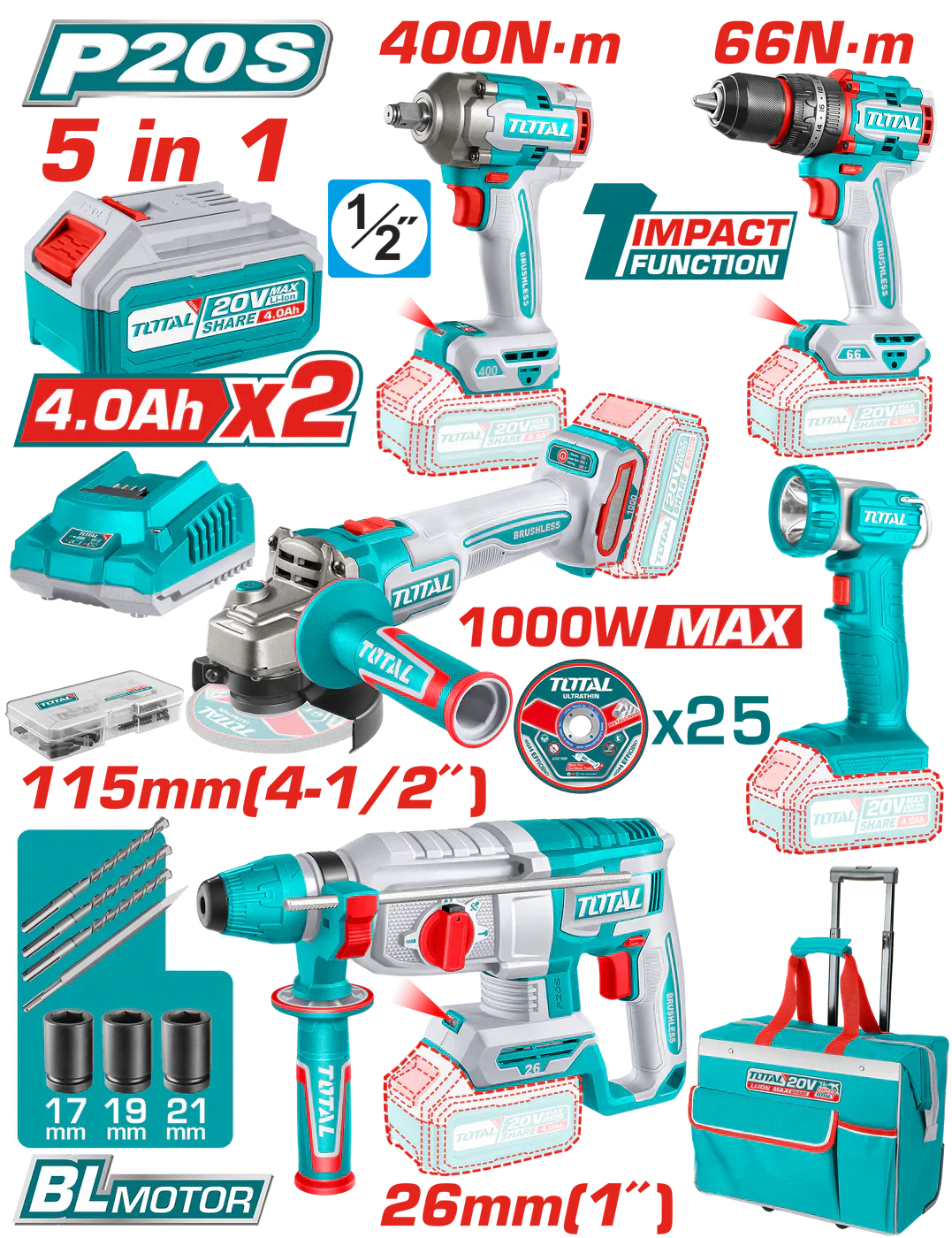 TOTAL TCKLI20592E 5-Piece 20V Cordless Industrial Combo Kit