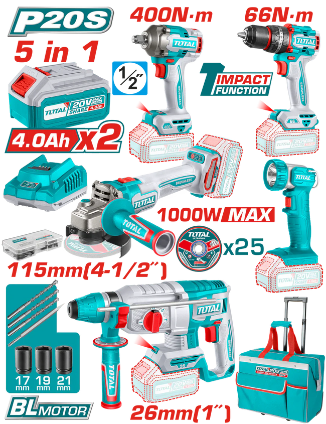 TOTAL TCKLI20592E 5-Piece 20V Cordless Industrial Combo Kit